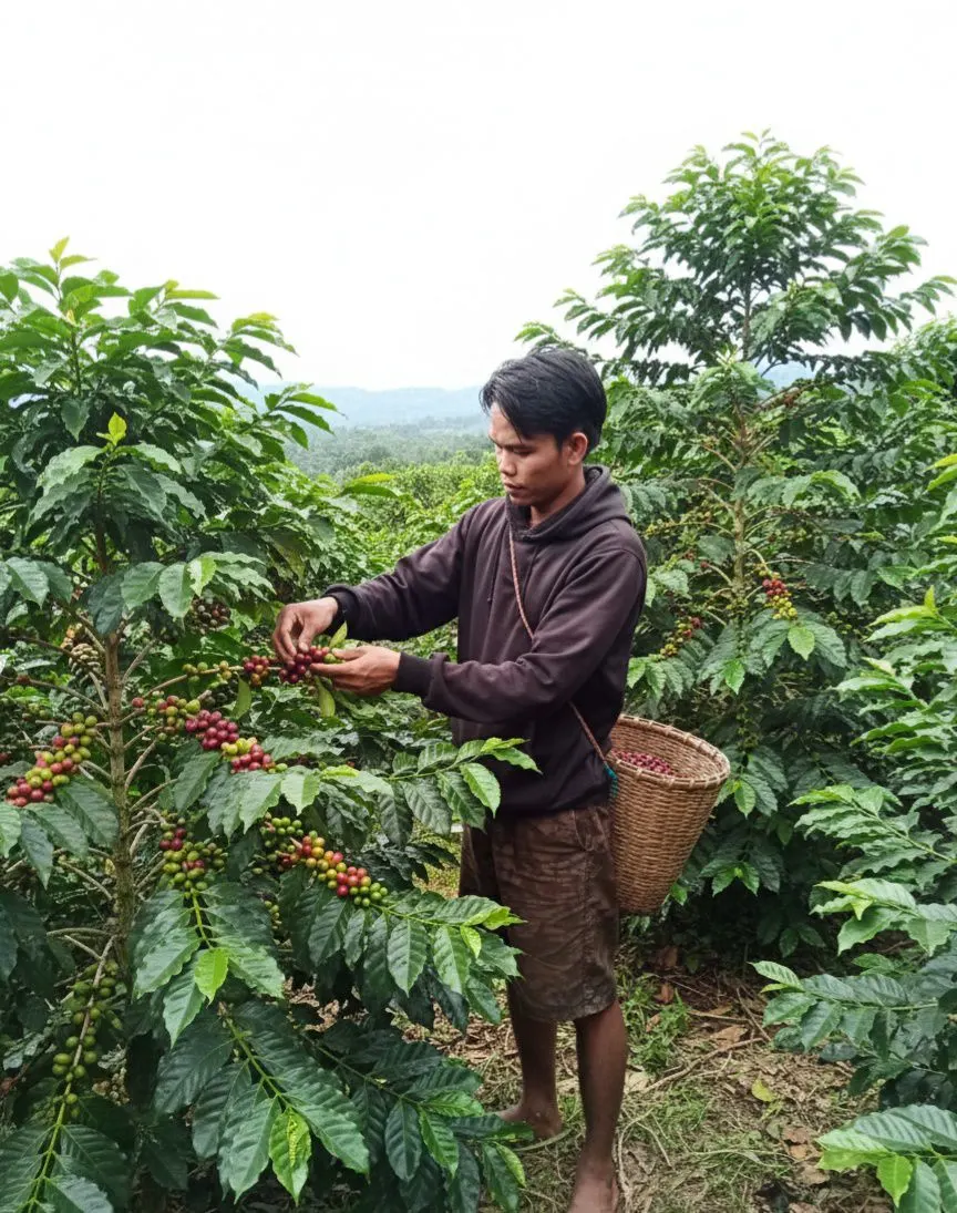 Smallholder farmer harvesting Robusta BP 309 coffee cherries in Temanggung